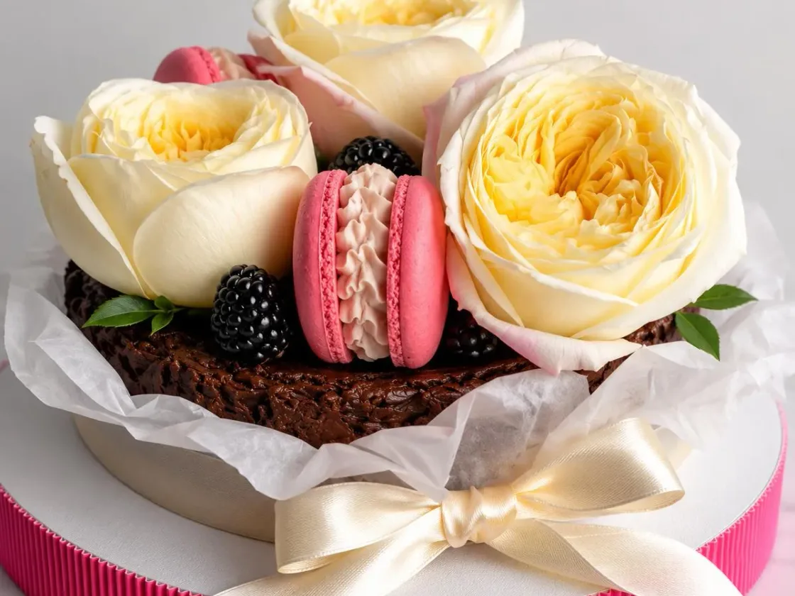 Cheesecake San Sebastián au chocolat, présenté avec des fleurs pour offrir, Abelinha Feliz, Setúbal