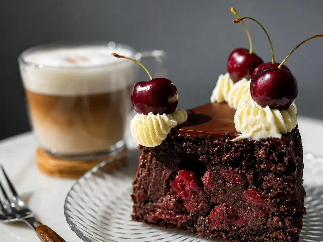 Part de gâteau au chocolat, cerises au cognac et crème au chocolat belge Callebaut, décorée de cerises, Abelinha Feliz, Setúbal