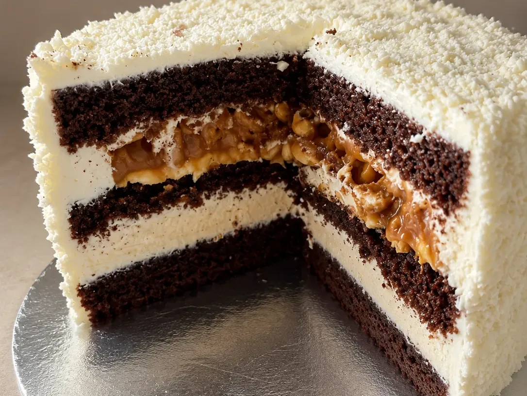 Gâteau Snickers en coupe, génoise au chocolat, caramel salé et cacahuètes, Abelinha Feliz, Setúbal
